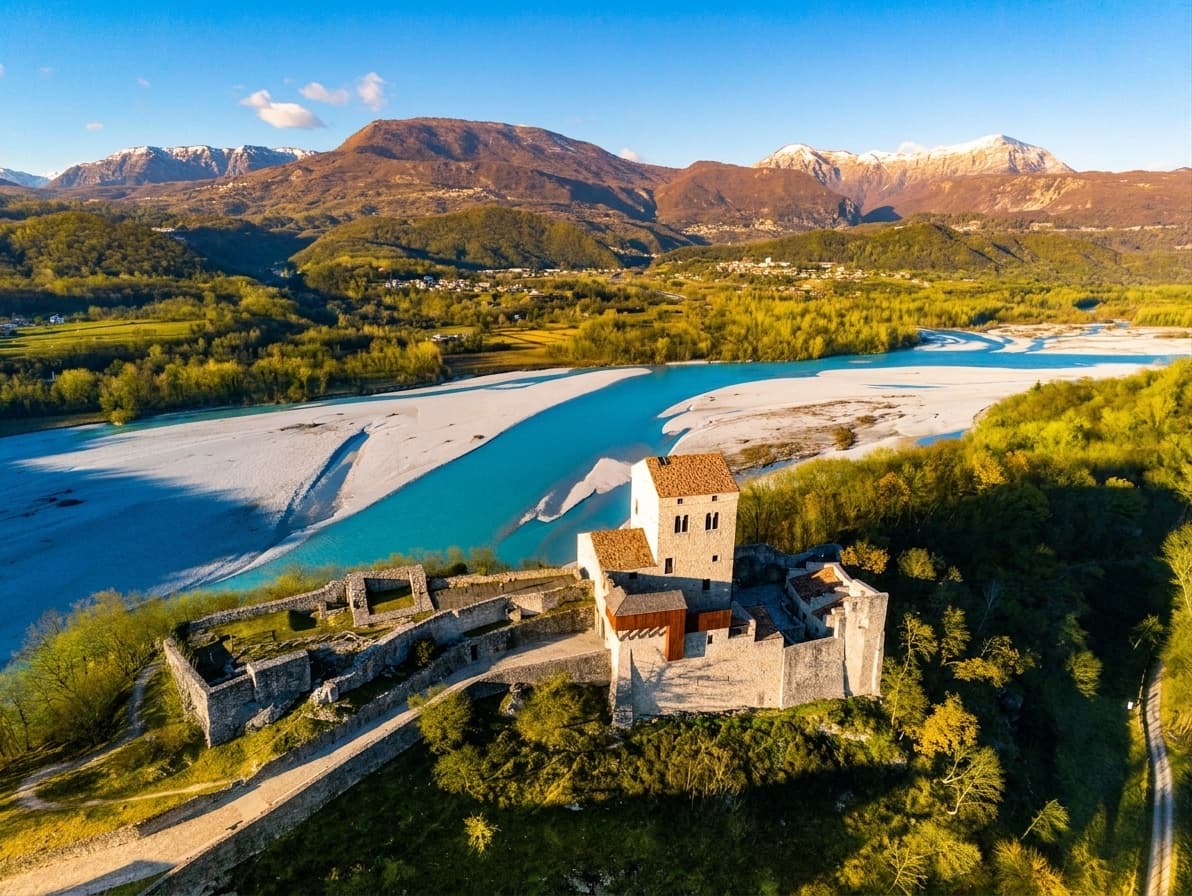 Castello di Ragogna am Tagliamento im goldenen Licht, Friaul